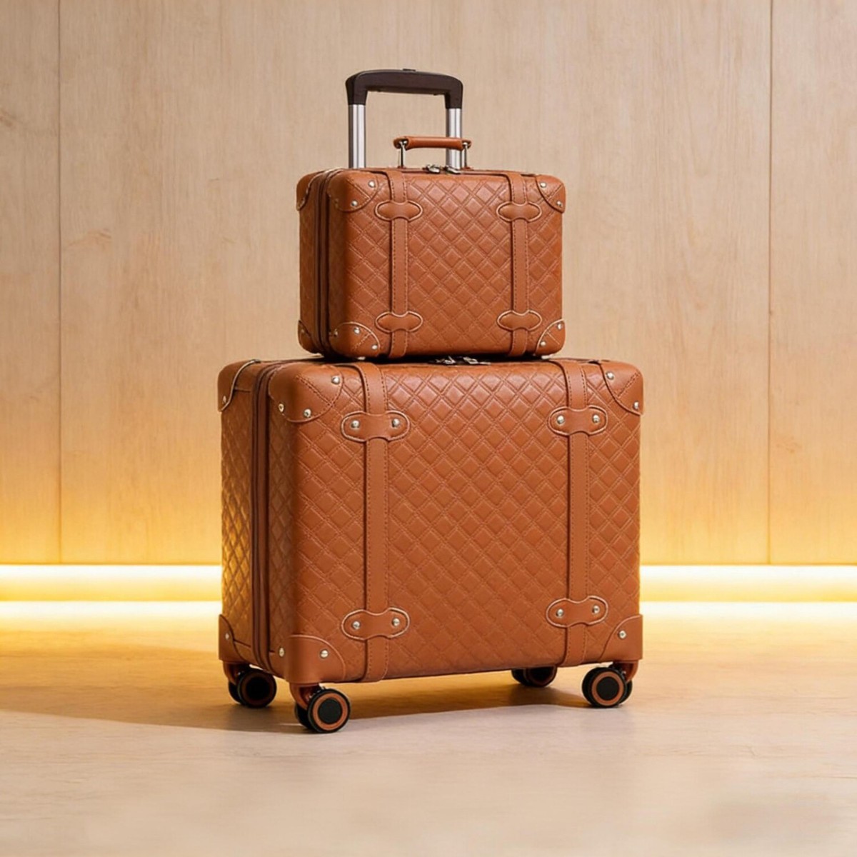 Retro Diamond-Patterned Leather Travel Suitcase 20inch 24inch Lightweight Trolley Suitcase for Men and Women, Business Carry-On Suitcase with Stylish Plaid Pattern
