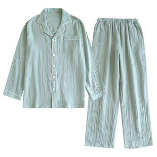 Pajamas men's cotton spring and autumn thin long-sleeved cotton double-layer gauze loose plus size solid color home wear suit