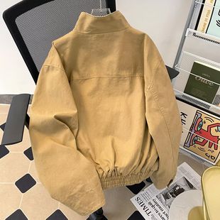 Spring and Autumn American Retro Bomber Jacket Men's and Women's Trendy Brand Profile Vertical Collar Legal Couple's Casual Work Jacket Trendy