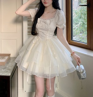 Tea Break French First Love Sweet Mesh Bow dress Women's Summer Little Princess Cake Shaggy Skirt