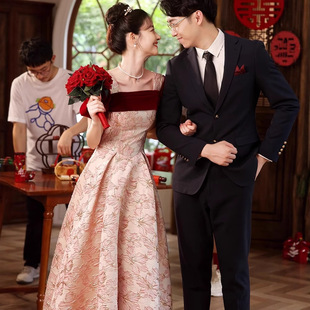 Red Toast Dress Dressing Gown Bridal Square Collar 2025 New Velvet Home Service French Engagement Dress Dress for Women