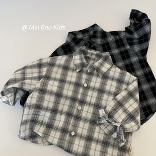 Maibao Children's Shirt 2025 Spring Boys' New Retro Paid Shirt Korean Style All-match Lapel Top Trendy Shirt