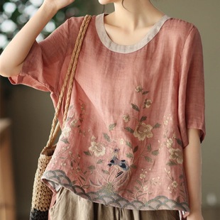 Cotton Linen Small Shirt 2022 Summer New Artistic Retro Embroidered Top Women's Color Matching Crewneck Pullover Elegant T-Shirt