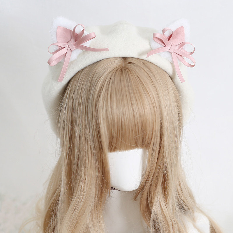 Soft and Cute Girl-Style Lolita Droopy-Eared Rabbit Adorable Japanese Mochi-Style Wool Beret Hat, Versatile Hat
