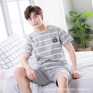 Imitation cotton pajamas men's summer short sleeve shorts teenagers students cartoon stripes summer home clothes suit wholesale