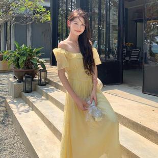 Real Shot French Gentle Holiday Fairy Style Yellow dress Women's Summer Square Collar Design Short Sleeve Embroidered Skirt