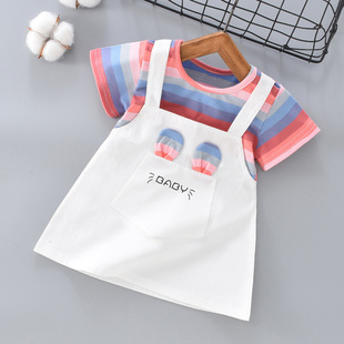 Baby Girl's Dress Baby Children's Girl's Cotton Clothes Strap Stylisse Short-sleeved Fake Two-piece Summer Suit