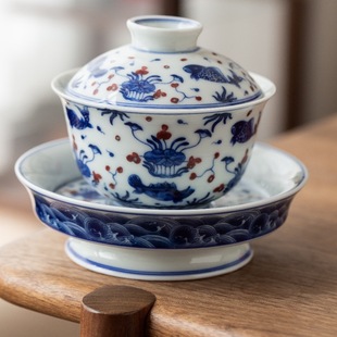 Blue and White Porcelain Sancai Covered Bowl Pot Combination Large Covered Bowl Handmade Tea Bowl Overglaze Red Tea Bowl Manufacturer Wholesale