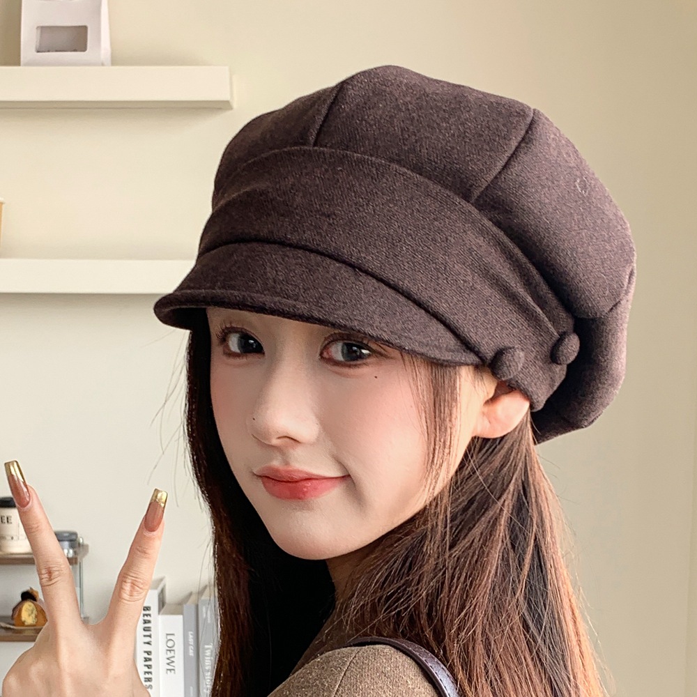 Korean and Japanese style pleated short-brimmed octagonal hat, autumn and winter retro dark-colored women's artist hat, versatile artistic beret