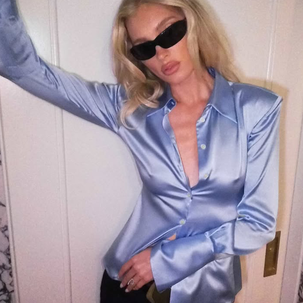 European and American Foreign Trade Cross-Border 2025 Autum New Long-Sleeved Waist Shirt Elegant Lapel Sexy Sexy Slim Top