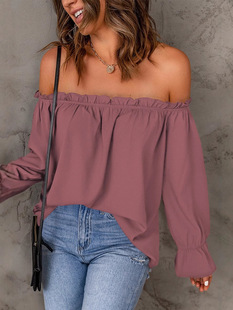 Spring and Summer 2025 New Cross-border Women's High-end One-character Collar European and American Solid Color Pullover Sexy Shoulder Top for Women