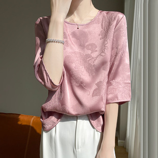 New Chinese Style Summer T-shirt Short-sleeved Women's Loose Crewneck Silk Satin Half-sleeved Bottoming Top