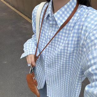 Korean Style Blue and White Plaid Long-sleeved Shirt Women's Spring New Loose Casual College Style All-match Chic Stacked Shirt
