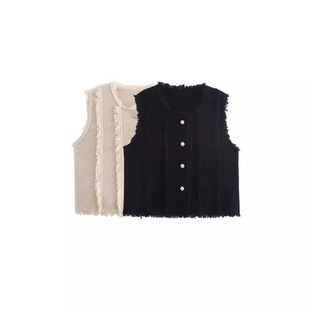 Zadata Women's New French Casual Small Fragrant Tassel Raw Edge Round Neck Knitted Sleeveless Cardigan Vest
