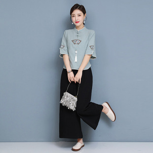 2025 Spring/Summer Women's Ethnic Style Suit Zen Tea Suit Cotton and Linen Button Embroidered Top + Wide Leg Pants