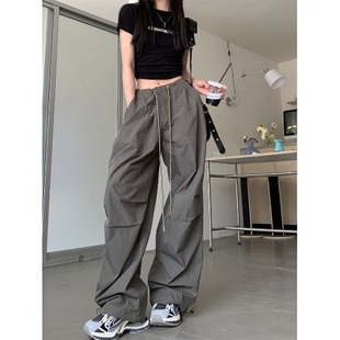 American retro overalls women's summer new high waist drawstring straight draping wide leg loose slimming mop pants fashion