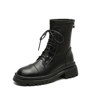Winter Fleece-lined Boots 2022 New Arrival Martin Boots Trendy Brown Curry Color Thin Boots Round Toe Lace-up Short Boots for Women