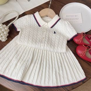 Trendy Girls' Academy-Style Dress Set for Older Children, New Summer Stylish Turn-Down Collar Short-Sleeve Short Dress Knitted Two-Piece Set