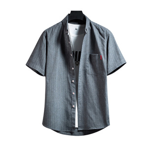 Cross Border Striped Men's Casual Shirt Summer Trendy Men's Button Collar Loose Short Sleeve Top Street Striped Shirt for Men