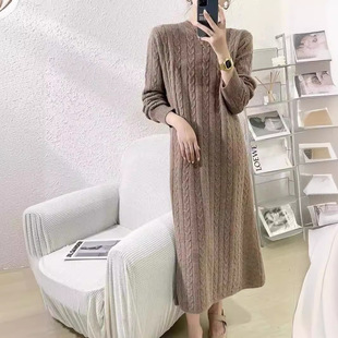 Korean Style New Autumn and Winter Elegant Round Neck Pattern Straight Tube Mid-length Knitted dress Women's Over-the-knee Sweater for Women