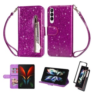 Suitable for Samsung ZFold5 mobile phone leather case GalaxyZFold4 3 glitter zipper wallet card insert protective case