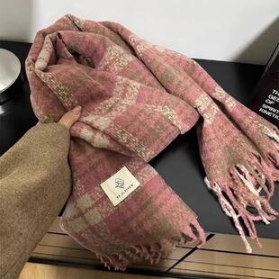 Korean Style Warm Dry Rose Pink Scarf Women's Winter White Thickened Scarf Atmosphere Tassel Shawl All-match