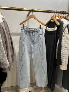 French Niche 25 Spring and Summer New Fashion Diamond Ornaments All-match Loose Solid Color Denim Jacket Shorts Wide Leg Pants Set