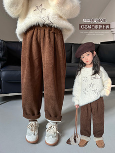 Girls' fleece-lined pants 2023 autumn and winter new children's versatile loose casual pants baby corduroy radish pants