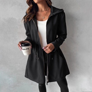 2024 Europe and America Amazon Cross-border Casual Hooded Jacket Zipper Solid Color Hoodie Woolen Jacket Coat
