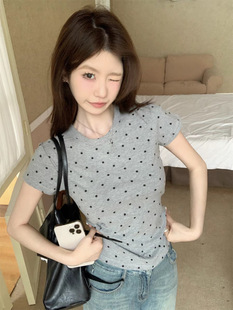 Pure Desire Style Retro Polka Dot Contrast Color Straight Shoulder Round Neck Short-sleeved T-shirt Women's Summer New Slim-fit Slimming All-match Top