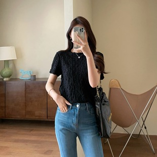 GJ4151 High Elastic Three-dimensional Bubble Muscle Lightweight Skin-friendly Short-sleeved T-shirt Shoulder Straight Top for Women Spring and Summer 2025