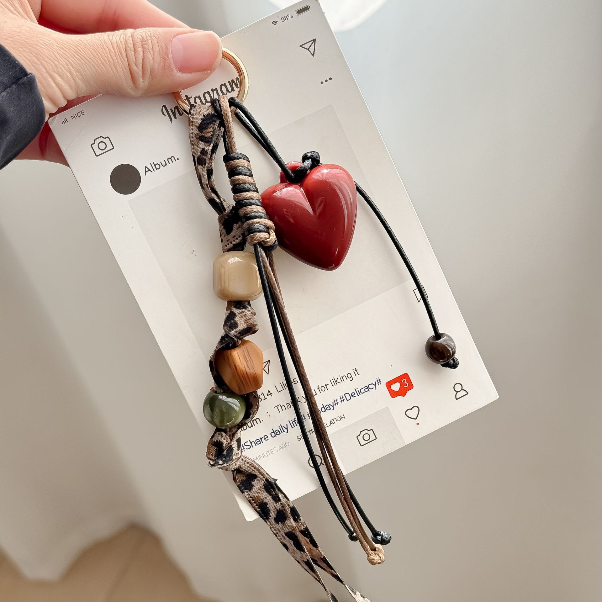 Vintage Maillard Brown Series Bag Charm with Leopard Print Braided Rope Heart Keychain Handmade Beaded Bag Pendant