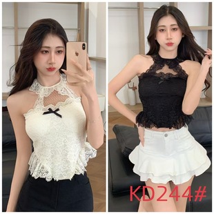 KD244# Thirteen Lines Early Spring New Pure Desire Wind Bow Lace Neck Vest Spice Girls Sleeveless Base Jacket