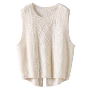100 Wool 2024 Autumn and Winter New Women's Crewneck Short Diamond Twisted Flower Pullover Sleeveless Vest Knitted Vest