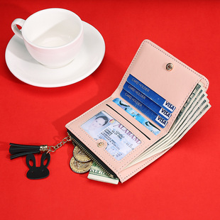 New wallet short women's zipper wallet female student Korean style stitching contrast color tassel all-match coin purse card holder