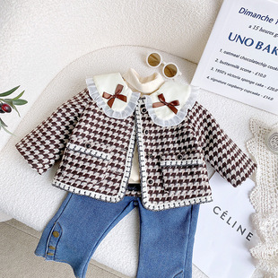 Girl's Chanel Style Coat Autumn Clothing 22 Korean Style Children's Clothing Western Style Fashionable Children's Doll Collar Bow Plaid Top