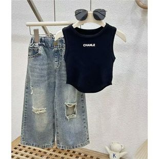 Children's New Summer Suit 2024 Summer Baby Girl's Fashionable Vest Girls' Fashionable Ripped Jeans Two-Piece Set