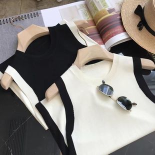 Summer New Ladies Stylisch Stretch Slim-fit Slim Look Black and White Contrast Commuter Sweater Vest Elegant Top