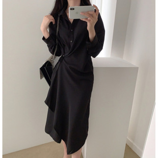 Design Sense Irregular Shirt Dress dress Women's Spring and Autumn French Mid-length Elegant Waisted Slim-fit Skirt
