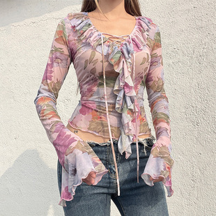 Floral Print Ruffled Collar Lace-Up Mesh T-Shirt Women's Niche Spice Girls Short Slim-Fit V-Neck Trumpet Sleeve Top