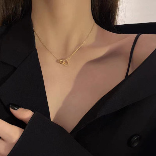 Color-free titanium steel double-ring buckle necklace women's all-match temperament niche heart double-ring new high-end clavicle chain
