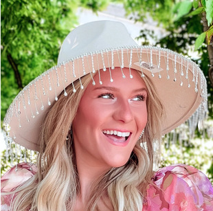 Cross-border Amazon West Panamanian British Retro Top Hat 9.5cm Large Flat Eave Felt Hat Tassel Diamond Hat