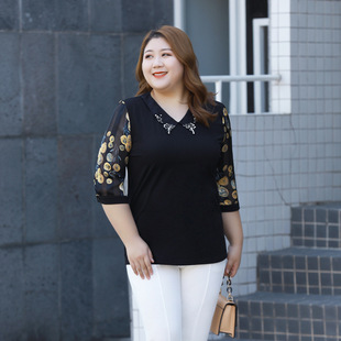 Large Size Women's Mid-Sleeve Top 2023 Autumn New Arrival Butterfly Collar Floral Stitching Belly Covering Slimming All-Match Outer Wear
