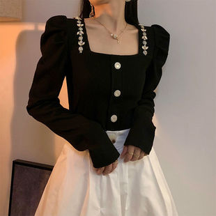 [4874 people praise] French retro square collar long sleeve shirt women's early autumn new palace style bubble sleeve waist