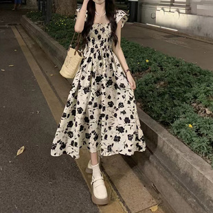 Tea Break French Flying Sleeves Floral dress Women's Summer New Hepburn Style High-end Waisted Slimming Mid-length Dress