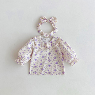 25 Spring Baby Clothes Women's Sweet Bag Fart Clothes Doll Collar Floret Top Purple Korean Sleeveless Climbing Suit Set
