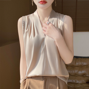 Silk Satin 2025 Spring and Summer New V-neck Wide Shoulder Camisole Women's Elegant Loose Inner Sleeveless Top
