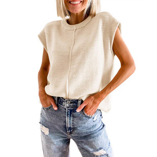 Cross-border European and American Women's Clothing Amazon 2024 Summer New Women's Crewneck Top Knitted Thick Needle Casual T-shirt