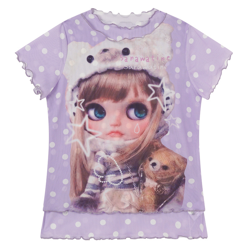 Sheer Mesh Short-Sleeve T-Shirt with Cartoon Star Print for Girls, 2026 Fake Two-Piece Ruffled Top