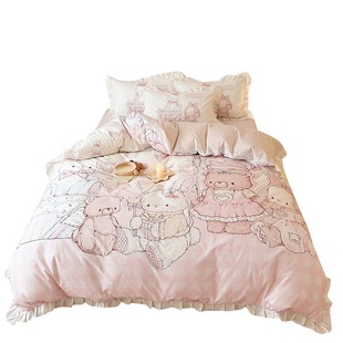 Lolita Cotton Washed Cotton Bed Four-piece Set Ruffled Pink Cute Bear Rabbit Lolita Princess Style